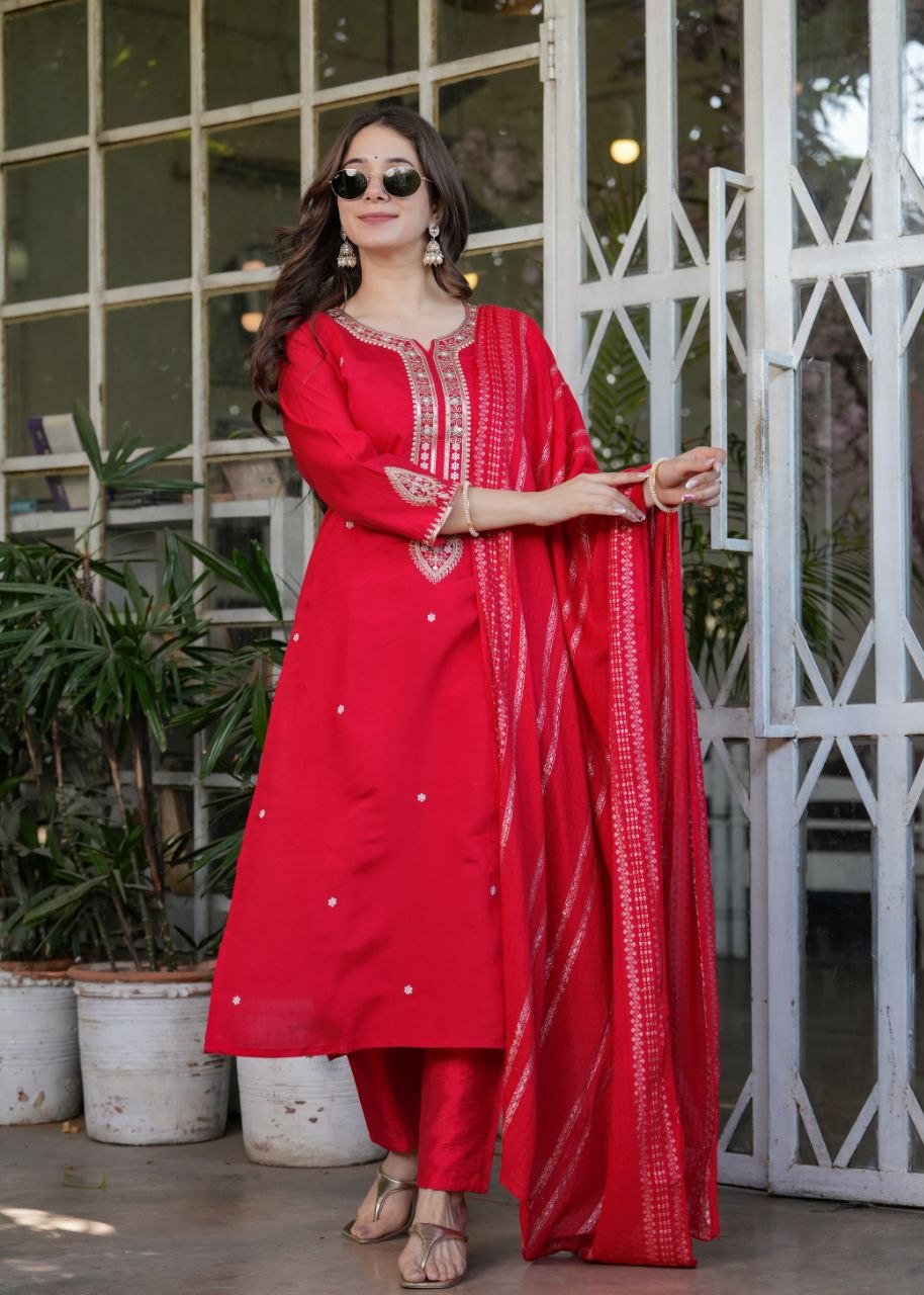 Elegant Viscose Chanderi Embroidered Suit Set with Designer Dupatta