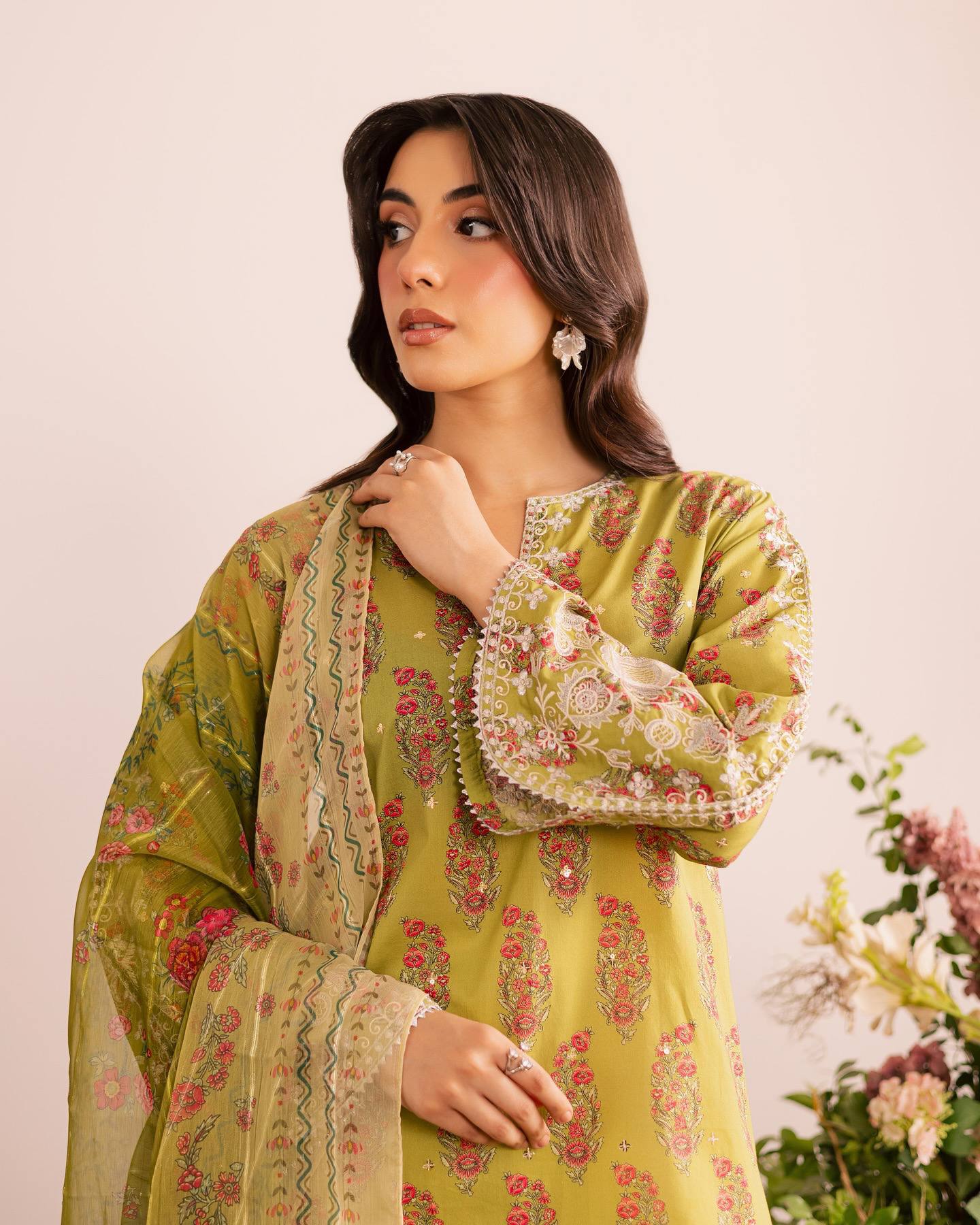 Olive Green Printed Heavy French Crepe Kurta Set with Pleated Palazzos