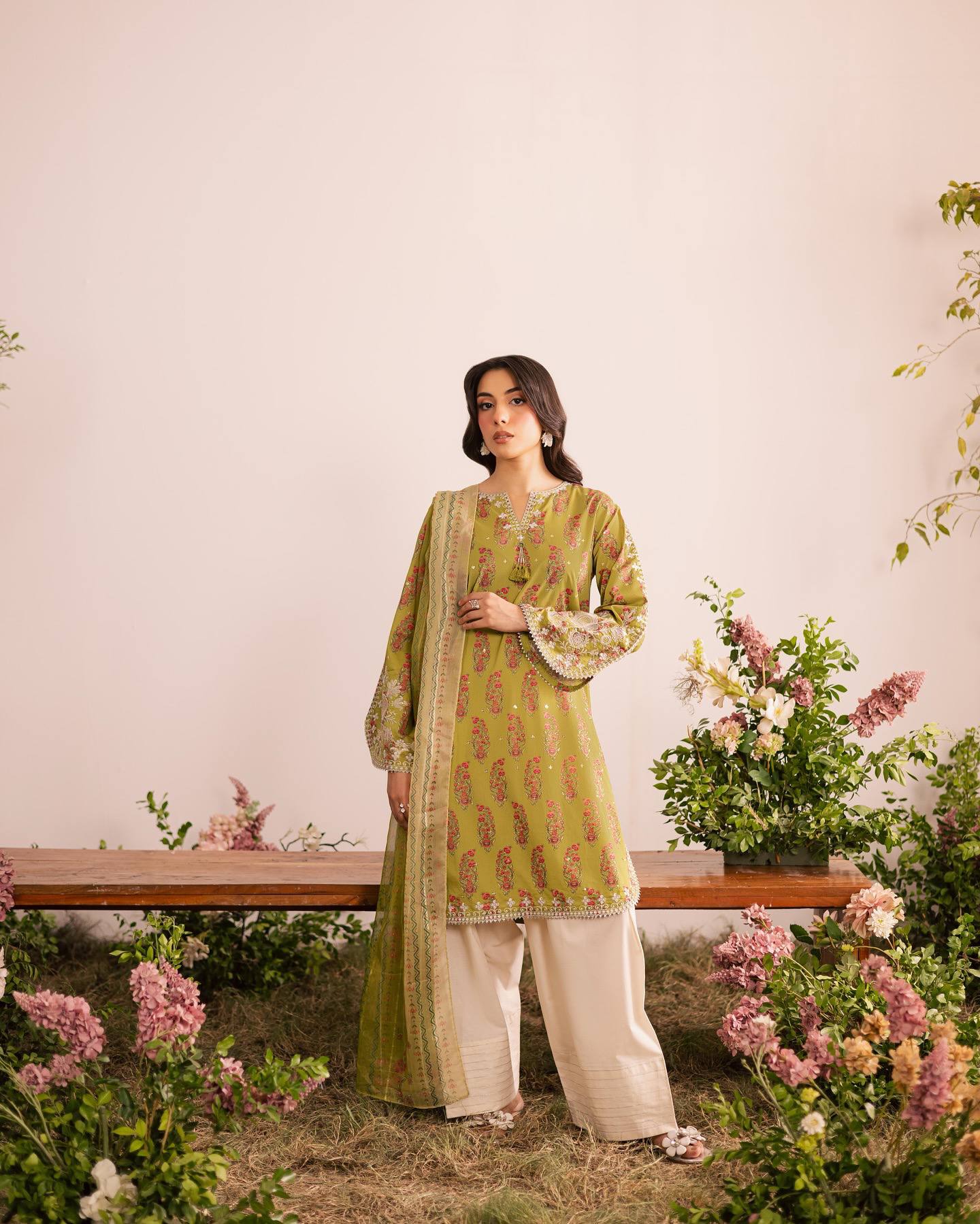 Olive Green Printed Heavy French Crepe Kurta Set with Pleated Palazzos