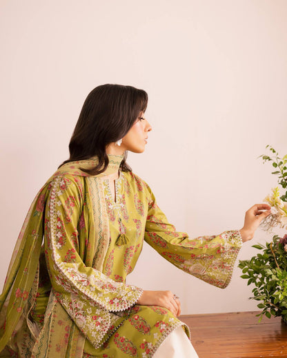 Olive Green Printed Heavy French Crepe Kurta Set with Pleated Palazzos