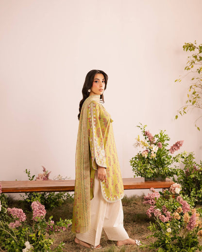 Olive Green Printed Heavy French Crepe Kurta Set with Pleated Palazzos