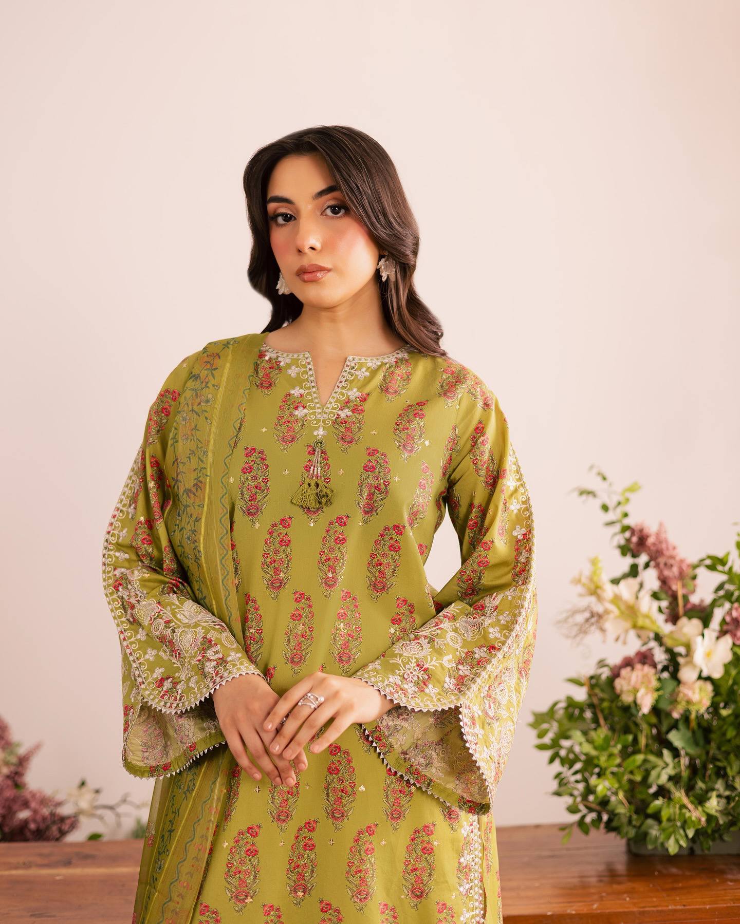 Olive Green Printed Heavy French Crepe Kurta Set with Pleated Palazzos