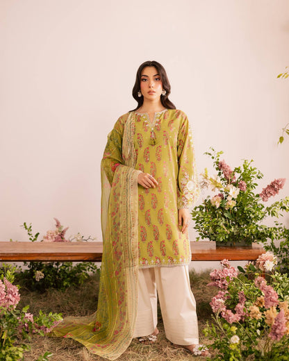 Olive Green Printed Heavy French Crepe Kurta Set with Pleated Palazzos