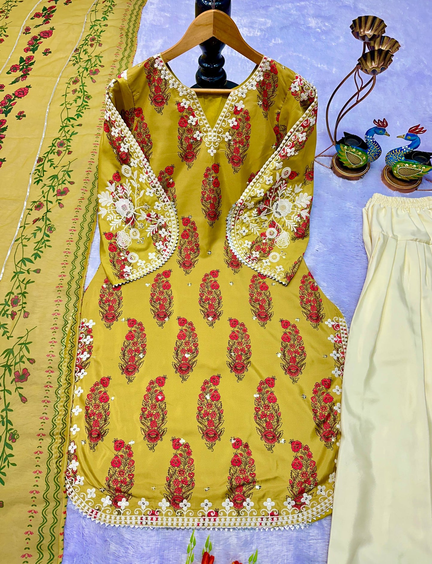 Olive Green Printed Heavy French Crepe Kurta Set with Pleated Palazzos