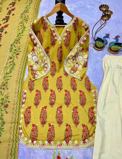 Olive Green Printed Heavy French Crepe Kurta Set with Pleated Palazzos