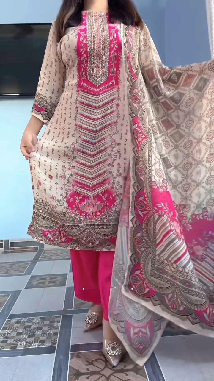 Women's Cream & Pink Printed Unstitched Salwar Suit with Elegant Cotton Blend Dupatta
