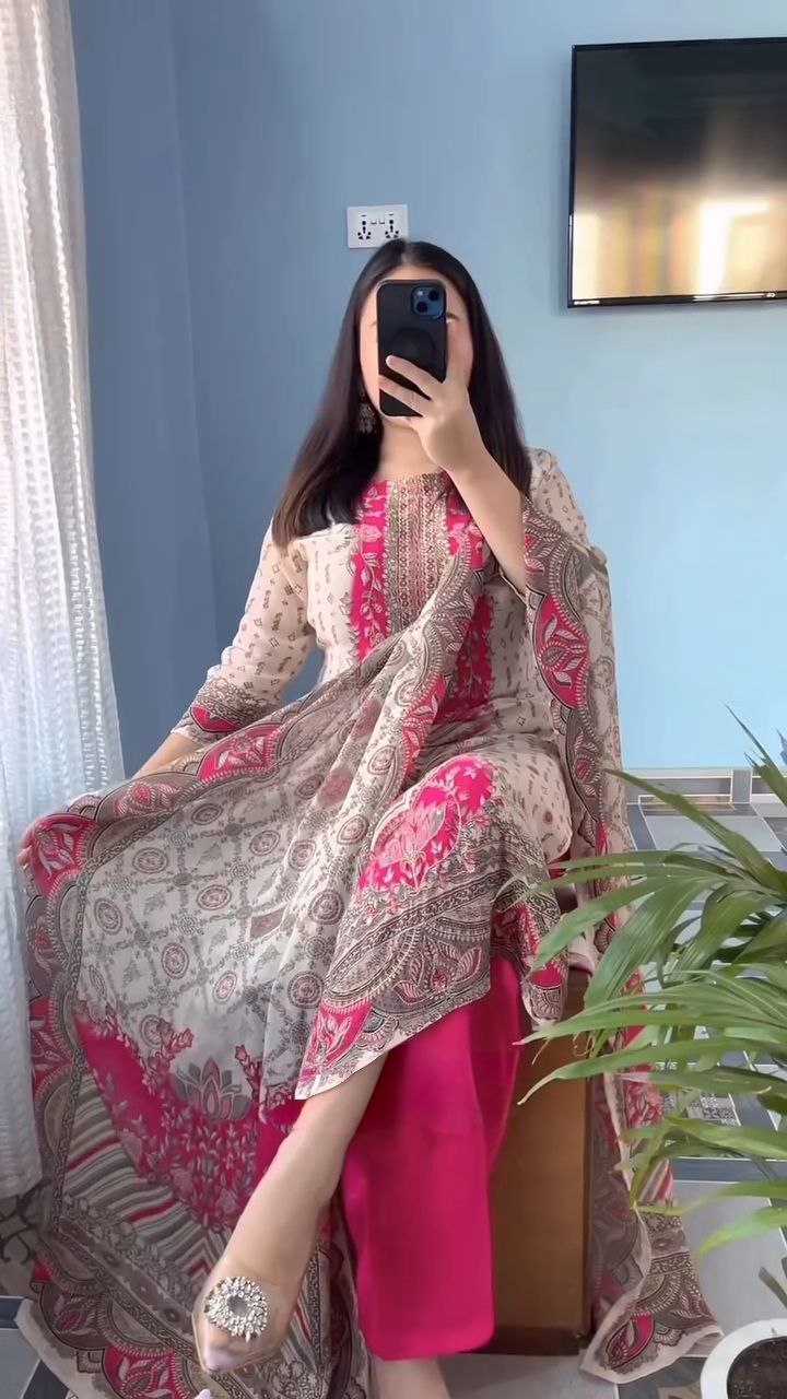 Women's Cream & Pink Printed Unstitched Salwar Suit with Elegant Cotton Blend Dupatta