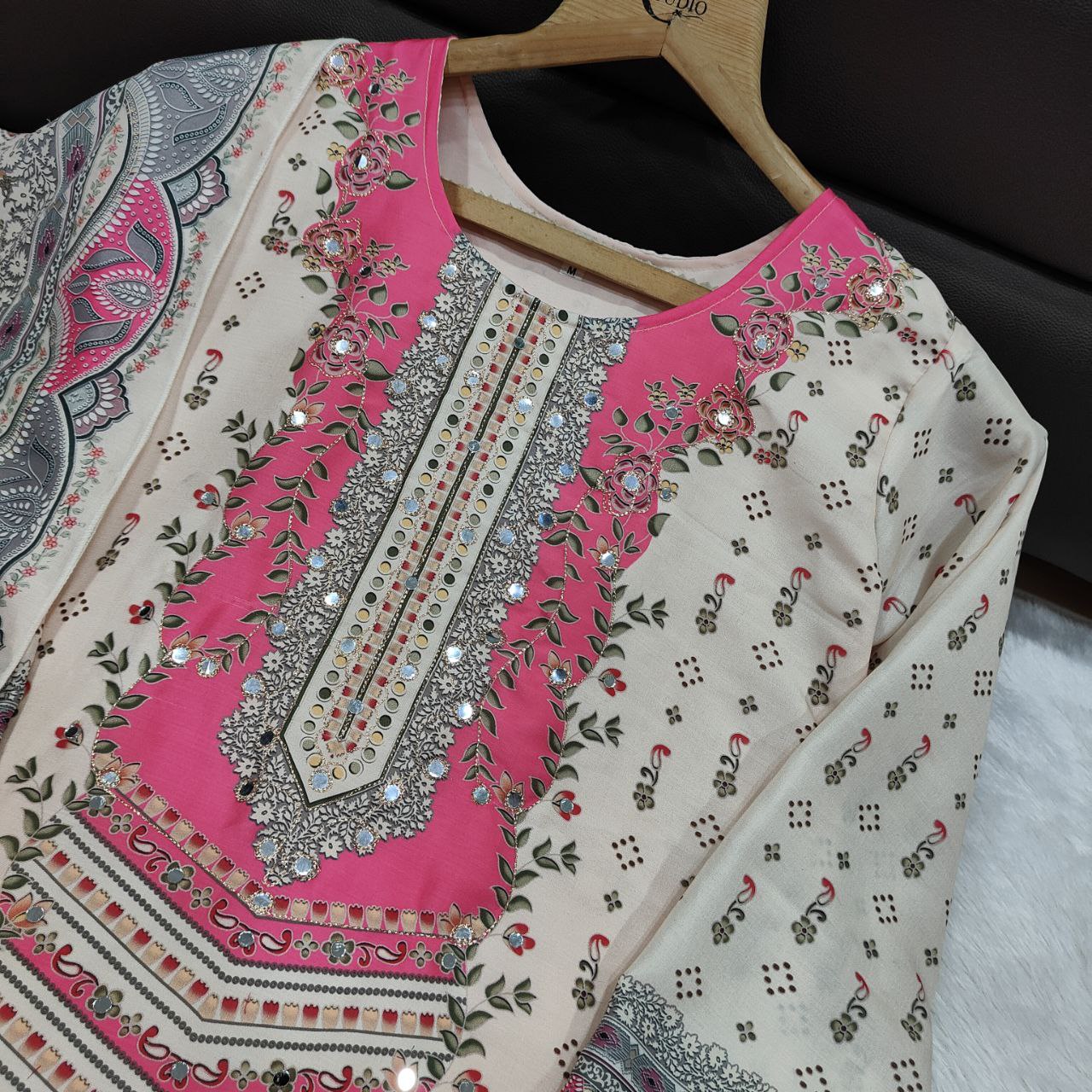 Women's Cream & Pink Printed Unstitched Salwar Suit with Elegant Cotton Blend Dupatta