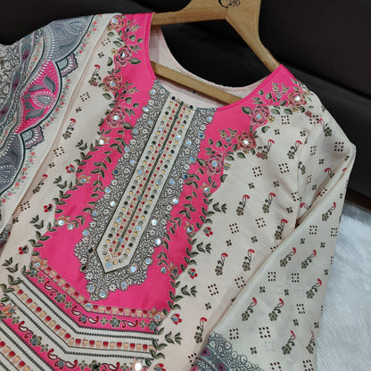 Women's Cream & Pink Printed Unstitched Salwar Suit with Elegant Cotton Blend Dupatta