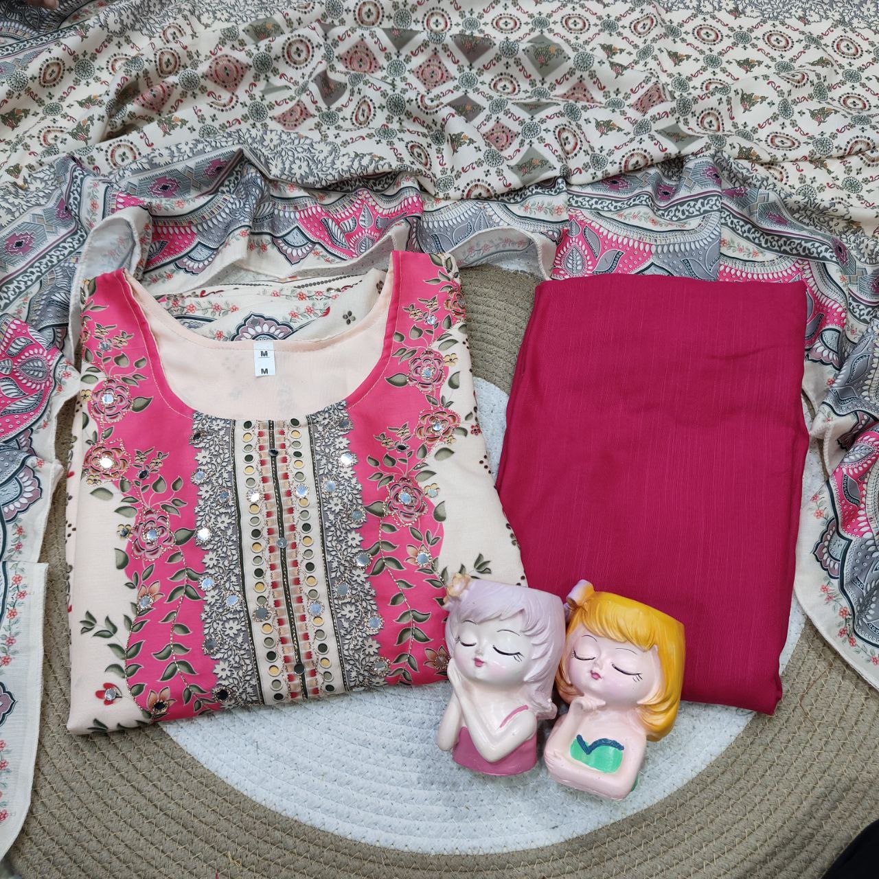 Women's Cream & Pink Printed Unstitched Salwar Suit with Elegant Cotton Blend Dupatta