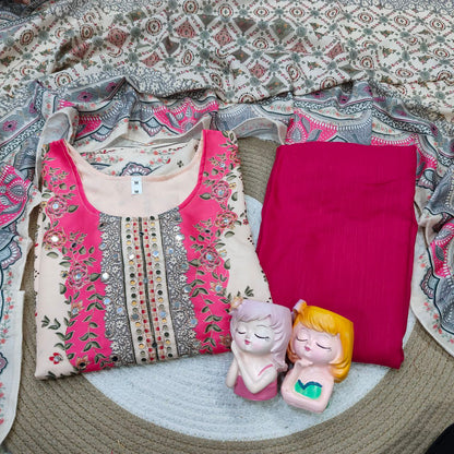 Women's Cream & Pink Printed Unstitched Salwar Suit with Elegant Cotton Blend Dupatta
