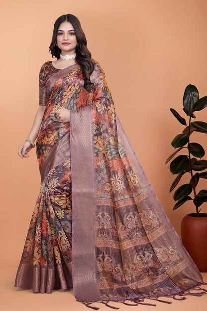 Amazing Lavender Soft Silk Saree with Copper Zari Border & Floral Pallu