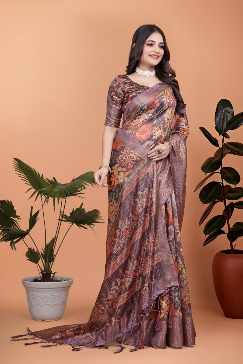 Amazing Lavender Soft Silk Saree with Copper Zari Border & Floral Pallu