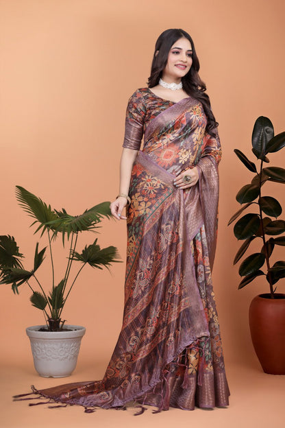 Amazing Lavender Soft Silk Saree with Copper Zari Border & Floral Pallu