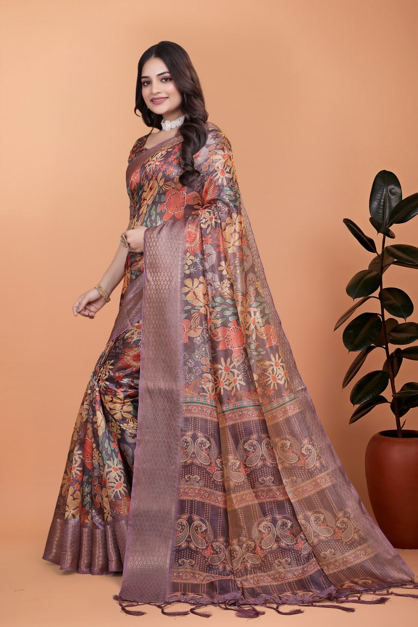 Amazing Lavender Soft Silk Saree with Copper Zari Border & Floral Pallu