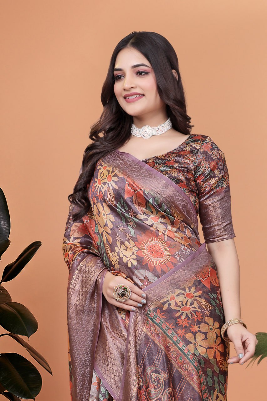 Amazing Lavender Soft Silk Saree with Copper Zari Border & Floral Pallu