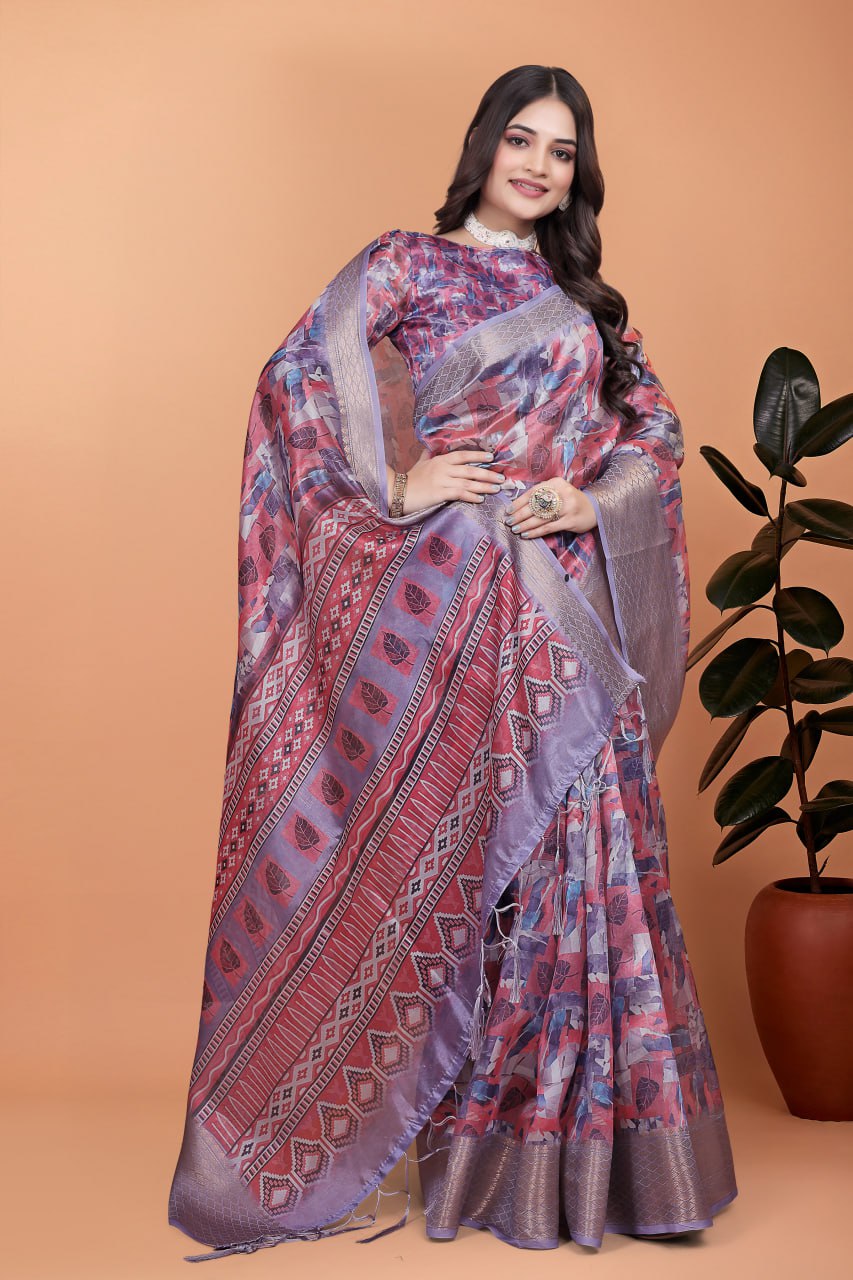 Fancy Printed Silk Saree with Traditional Zari Border & Rich Designer Pallu