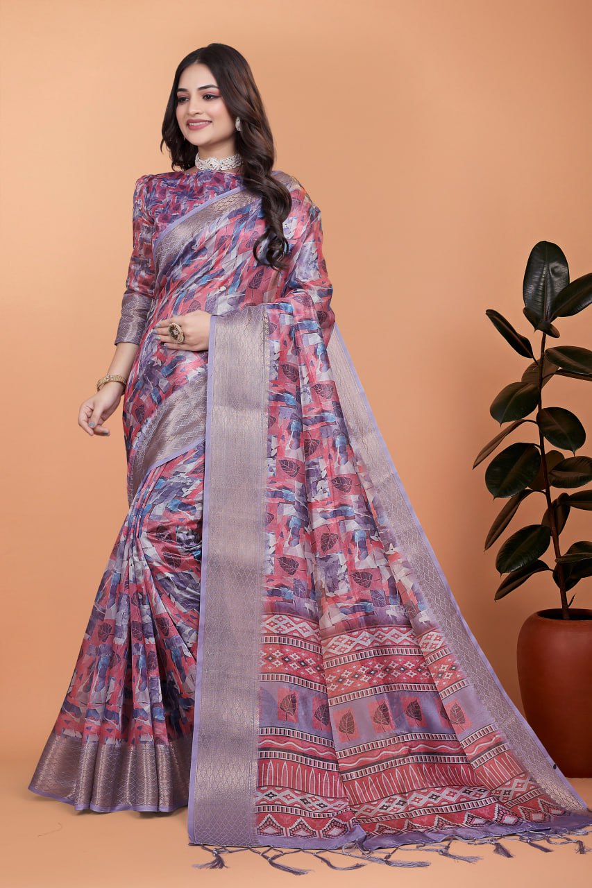 Fancy Printed Silk Saree with Traditional Zari Border & Rich Designer Pallu