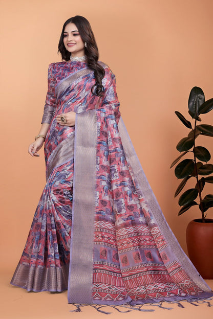 Fancy Printed Silk Saree with Traditional Zari Border & Rich Designer Pallu