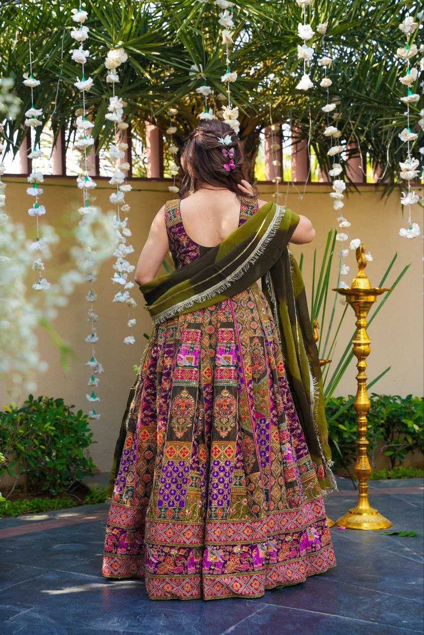 Royal Noir Premium Chinon Silk Designer Anarkali Gown Set with Heritage Print
