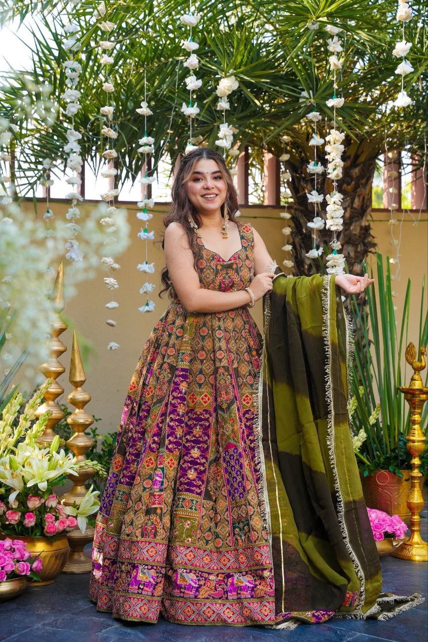Royal Noir Premium Chinon Silk Designer Anarkali Gown Set with Heritage Print