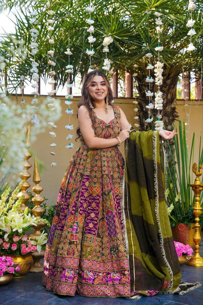 Royal Noir Premium Chinon Silk Designer Anarkali Gown Set with Heritage Print