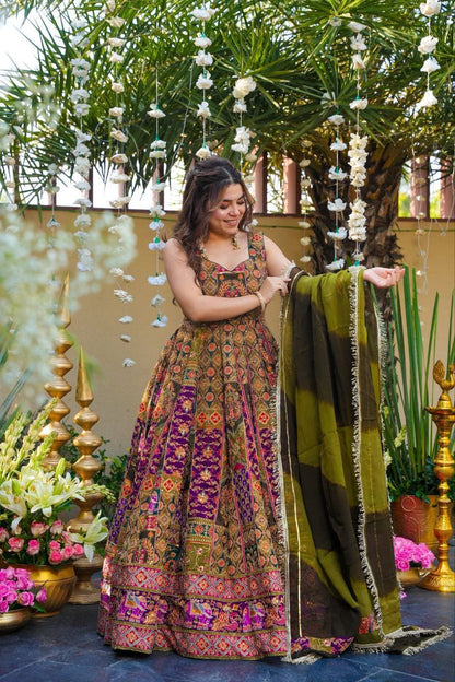 Royal Noir Premium Chinon Silk Designer Anarkali Gown Set with Heritage Print