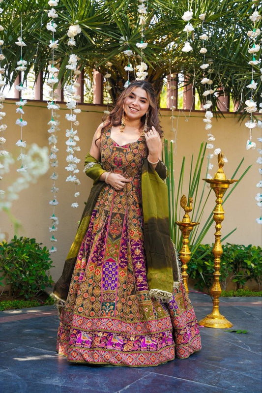 Royal Noir Premium Chinon Silk Designer Anarkali Gown Set with Heritage Print