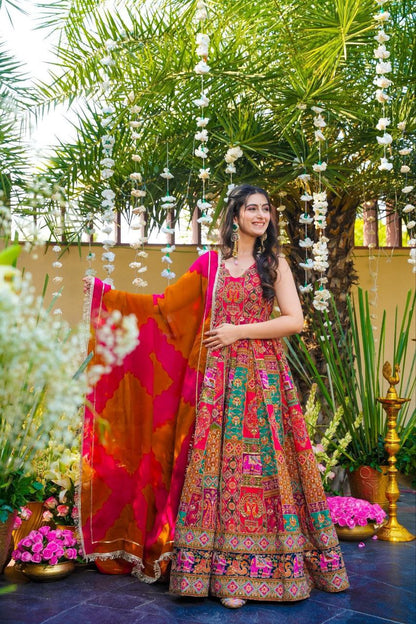 Heritage Bloom Premium Chinon  Designer Anarkali Gown Set with Vibrant Ethnic Print