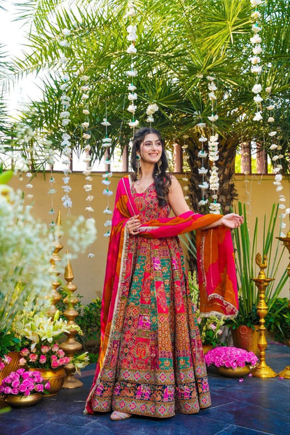 Heritage Bloom Premium Chinon  Designer Anarkali Gown Set with Vibrant Ethnic Print