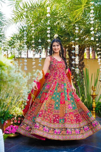 Heritage Bloom Premium Chinon  Designer Anarkali Gown Set with Vibrant Ethnic Print