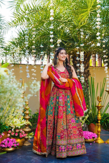 Heritage Bloom Premium Chinon  Designer Anarkali Gown Set with Vibrant Ethnic Print