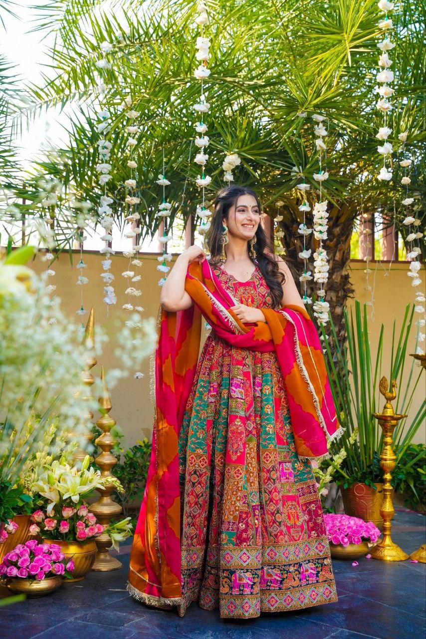 Heritage Bloom Premium Chinon  Designer Anarkali Gown Set with Vibrant Ethnic Print
