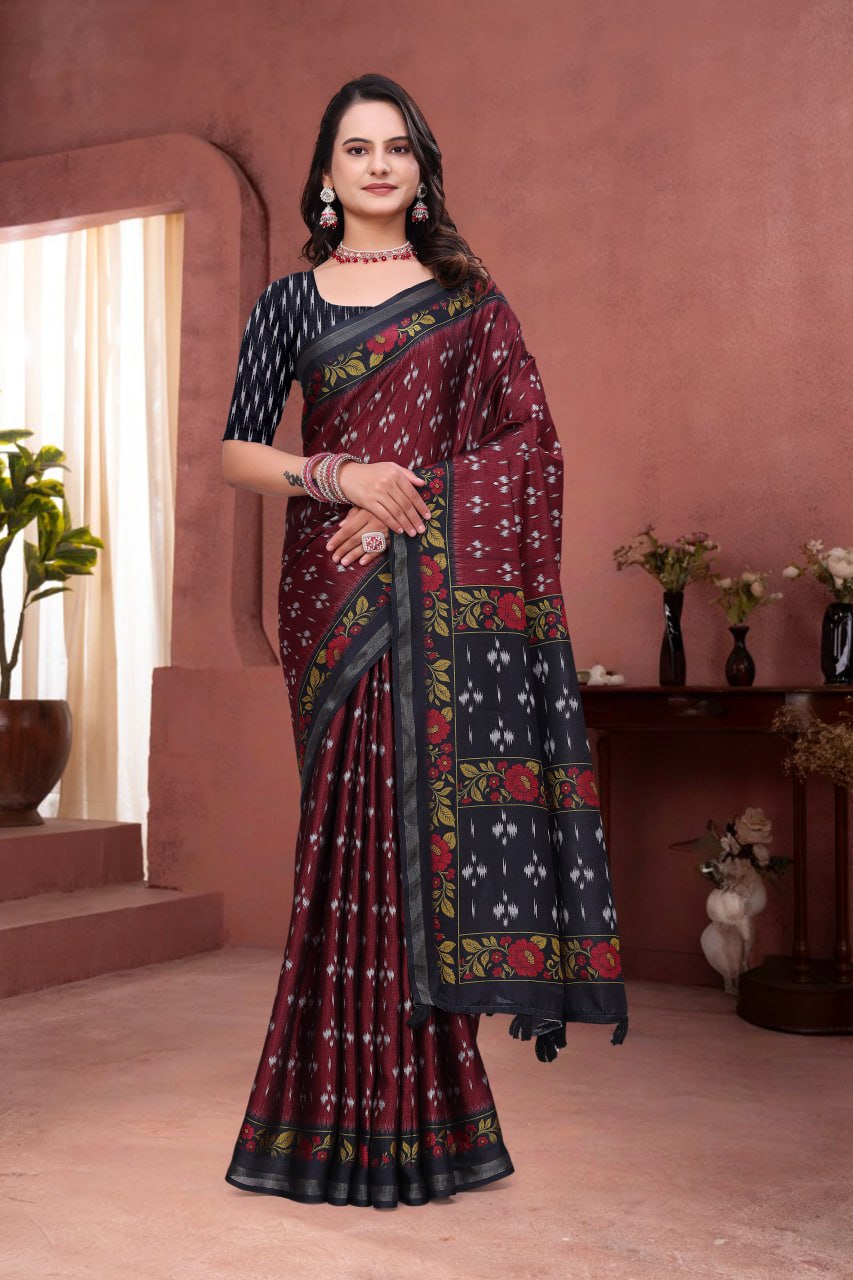 Attractive Maroon Mal Cotton Saree with Black Floral Border Design