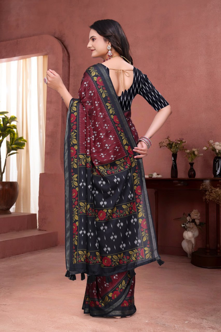 Attractive Maroon Mal Cotton Saree with Black Floral Border Design