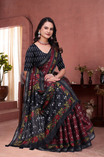 Attractive Maroon Mal Cotton Saree with Black Floral Border Design