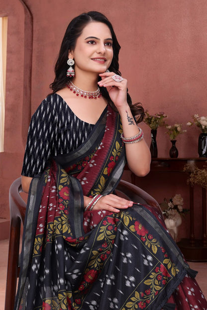 Attractive Maroon Mal Cotton Saree with Black Floral Border Design