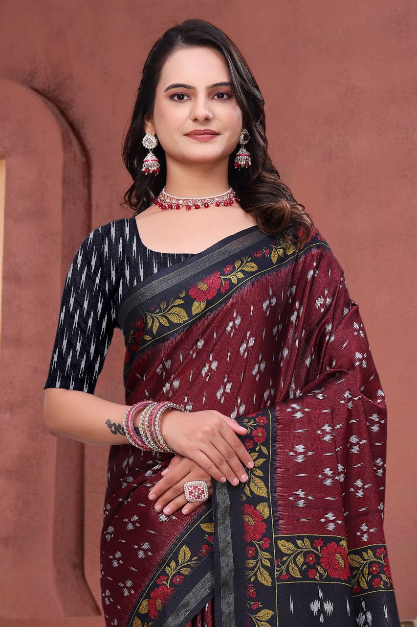 Attractive Maroon Mal Cotton Saree with Black Floral Border Design