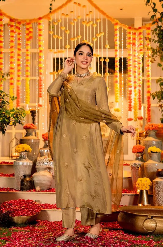 Antique Gold Embroidered Festive Anarkali Suit Set