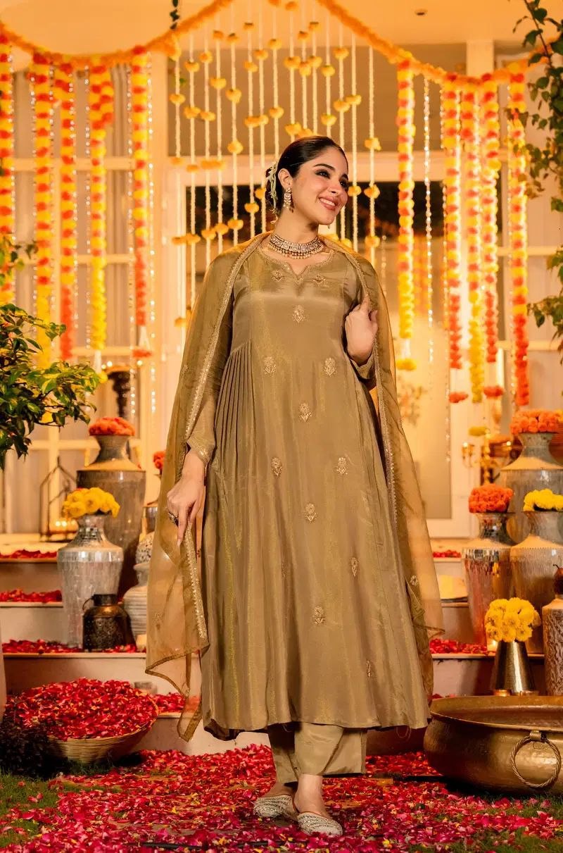 Antique Gold Embroidered Festive Anarkali Suit Set