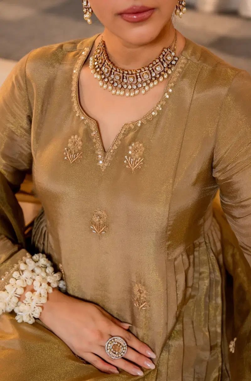 Antique Gold Embroidered Festive Anarkali Suit Set