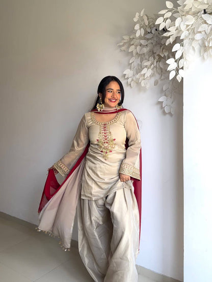 Zari-Work Organza Silk Patiala Suit with Royal Maroon Dupatta