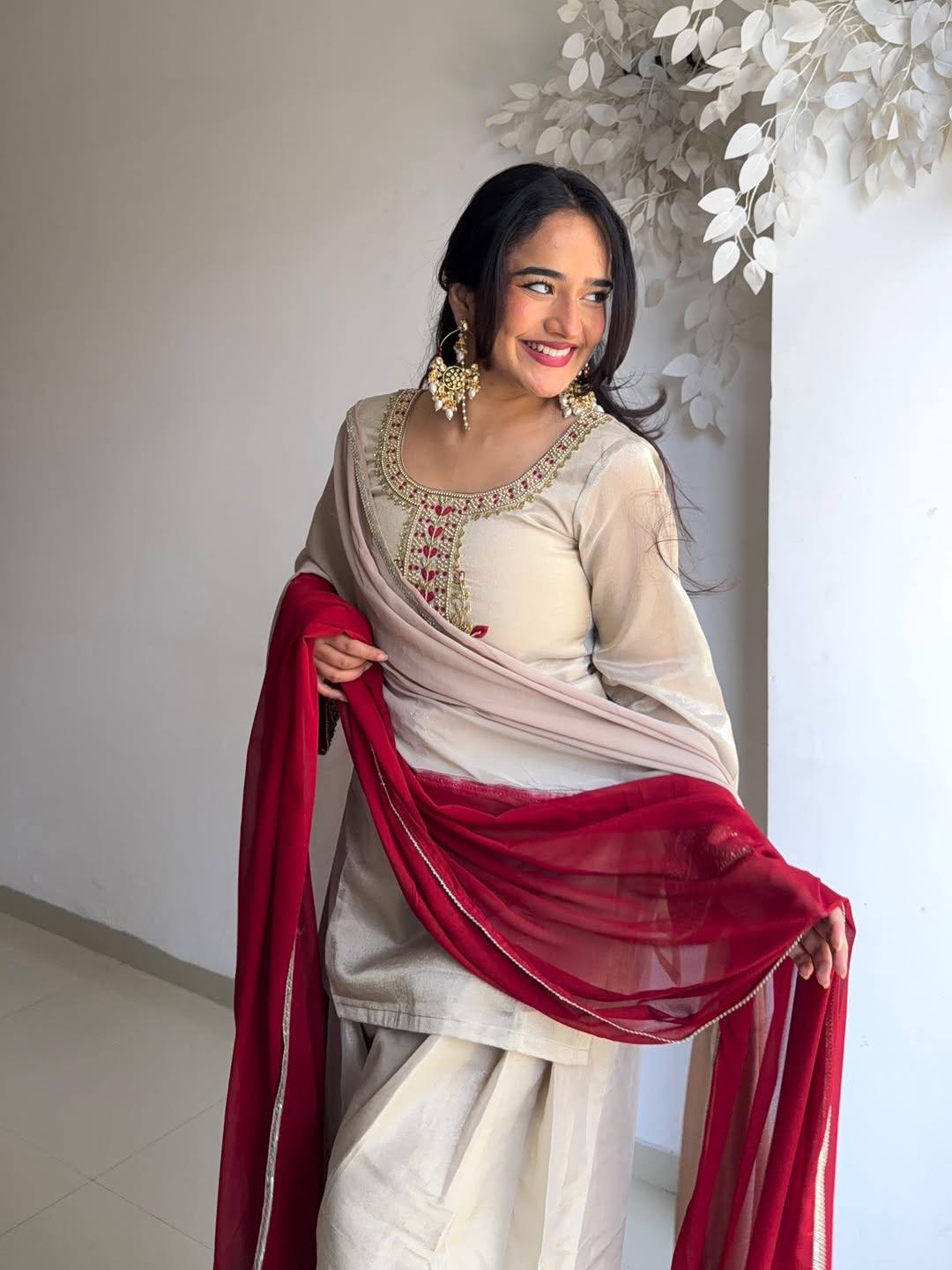 Zari-Work Organza Silk Patiala Suit with Royal Maroon Dupatta