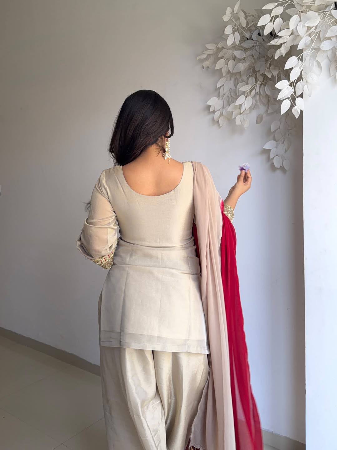 Zari-Work Organza Silk Patiala Suit with Royal Maroon Dupatta