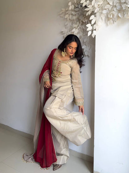 Zari-Work Organza Silk Patiala Suit with Royal Maroon Dupatta