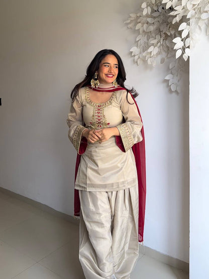 Zari-Work Organza Silk Patiala Suit with Royal Maroon Dupatta