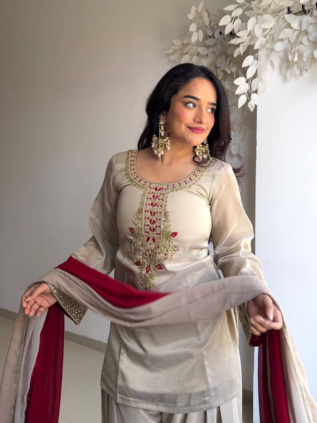Zari-Work Organza Silk Patiala Suit with Royal Maroon Dupatta