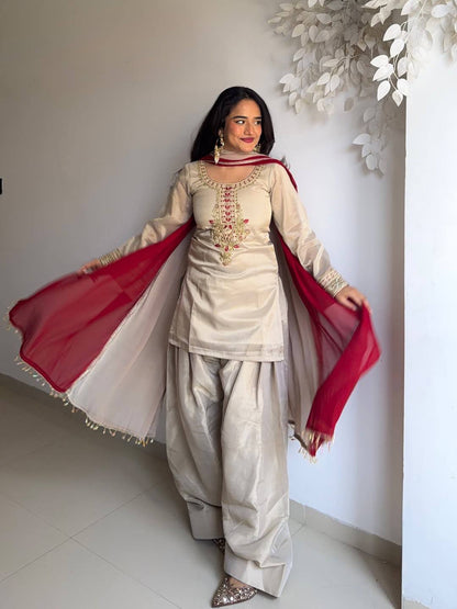 Zari-Work Organza Silk Patiala Suit with Royal Maroon Dupatta