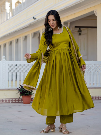 Traditional Stunning Vichitra Silk Anarkali Suit with Printed Silk Dupatta