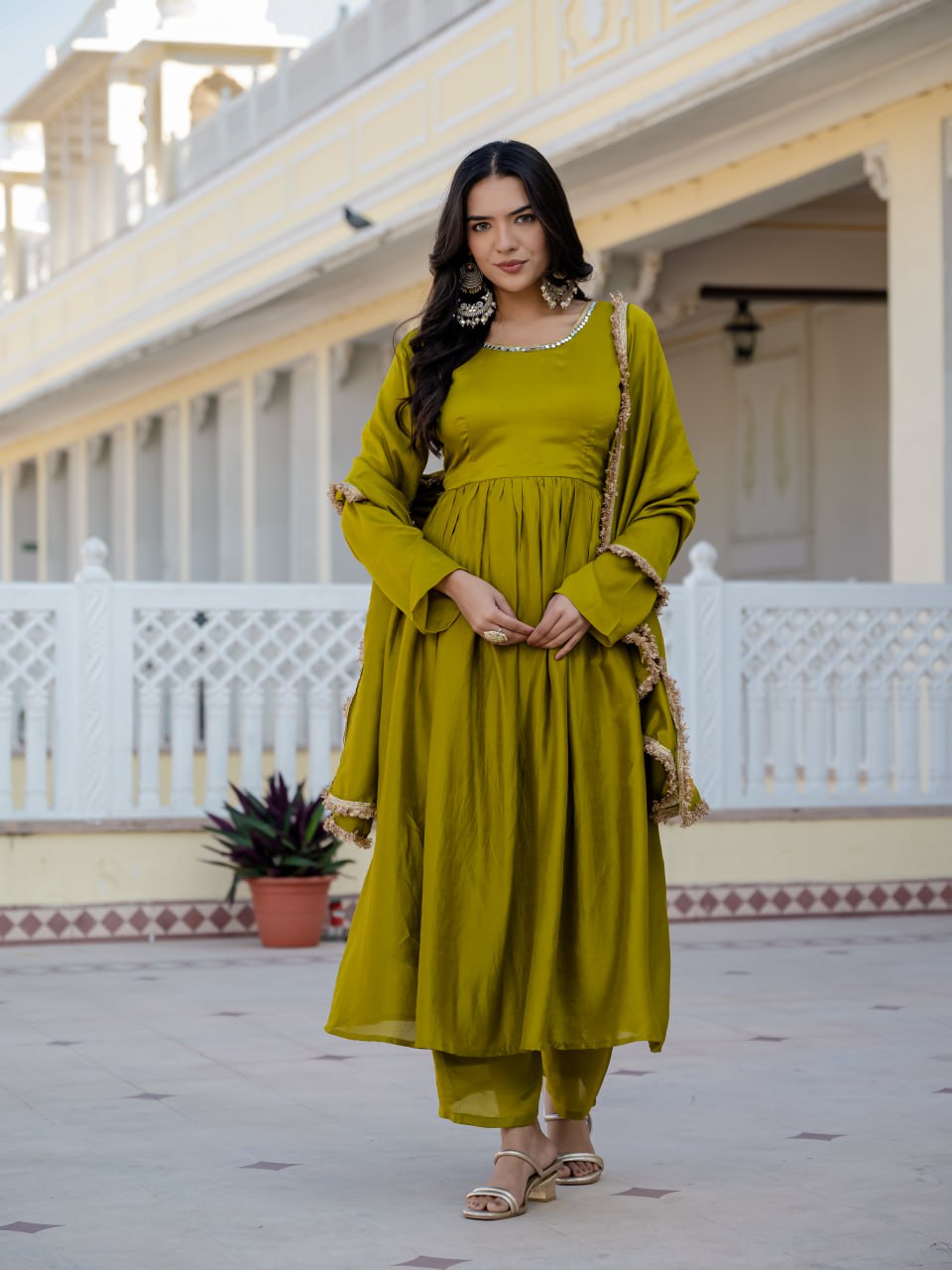 Traditional Stunning Vichitra Silk Anarkali Suit with Printed Silk Dupatta